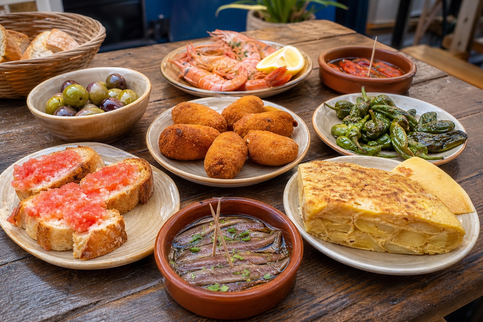 Tapas spread with croquetas, pan con tomate, tortilla, anchovies, prawns, and olives.