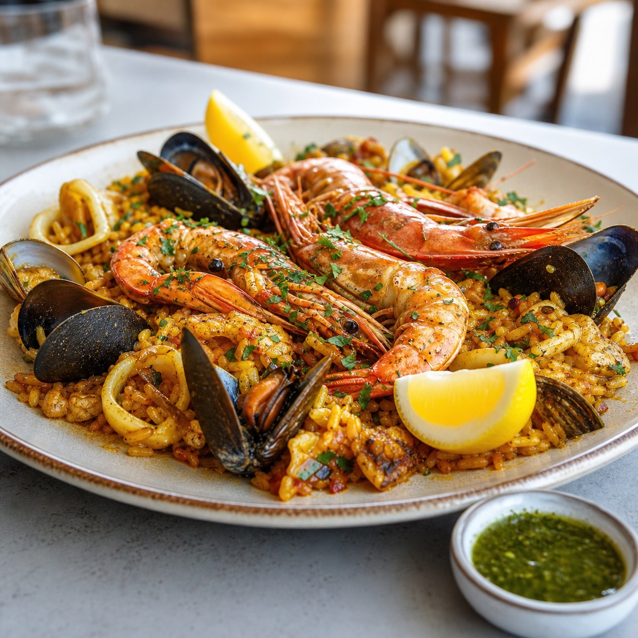 Seafood paella with prawns, mussels, squid, lemon, and mojo sauce.