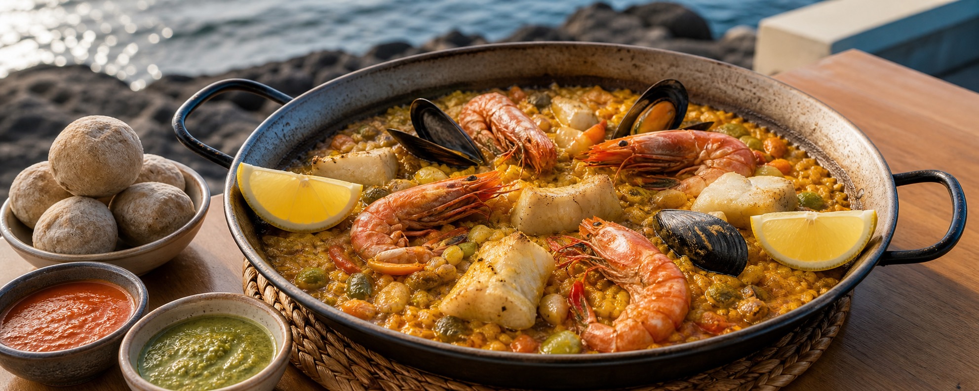 Seafood rice with prawns, mussels, fish, lemon, and papas arrugadas.