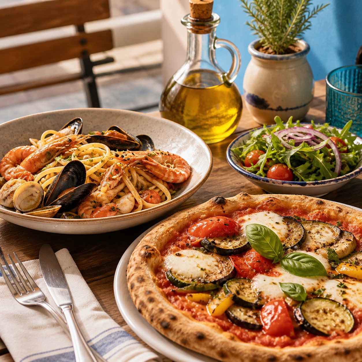 Mediterranean pizza, seafood pasta, salad, and olive oil on a restaurant table.