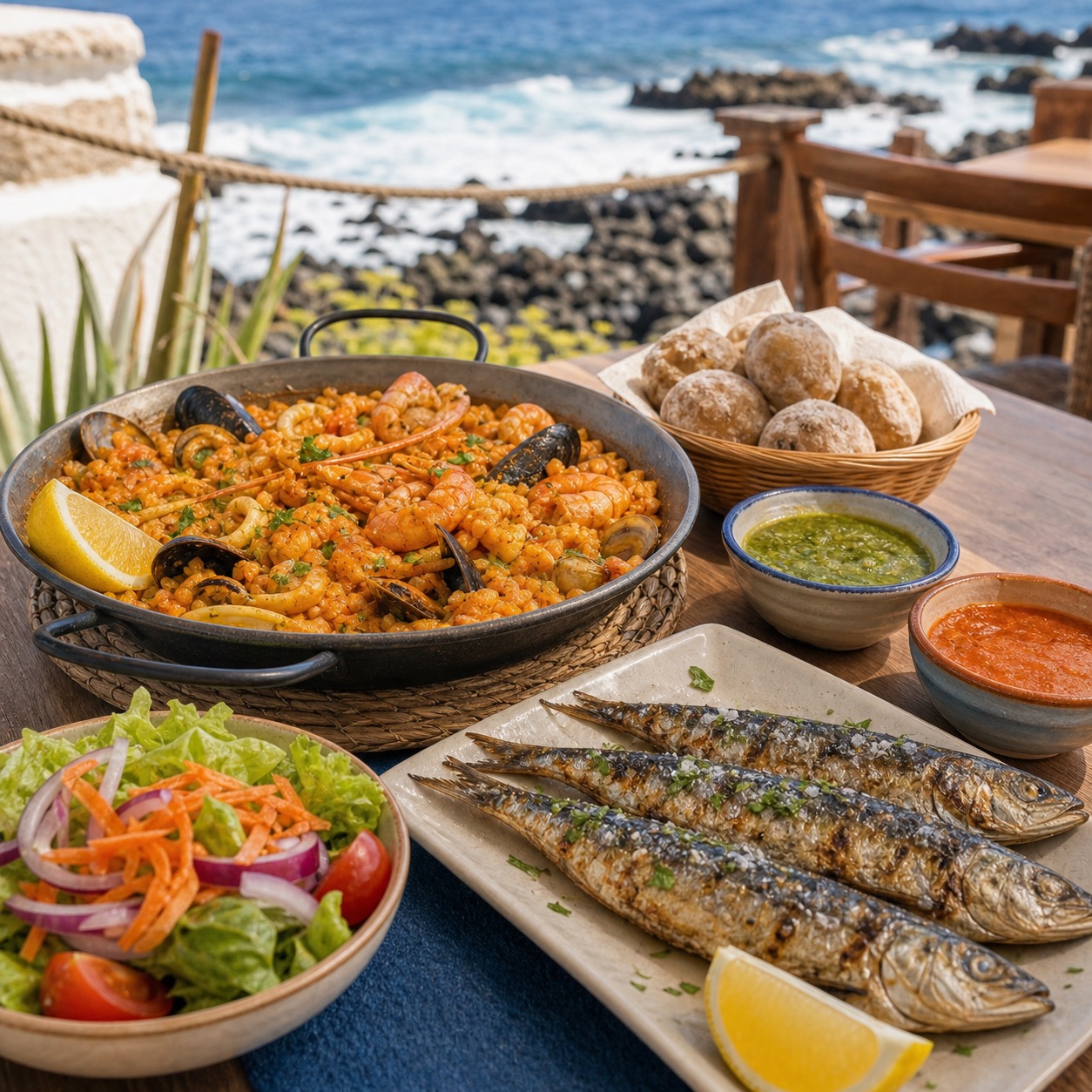 Seafood rice, grilled sardines, papas arrugadas, mojo sauces, and salad on a seaside table.
