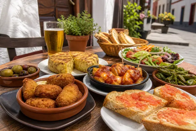 Croquettes, tortilla española, patatas bravas, pan con tomate, olives, grilled peppers, and salad on a sunny table