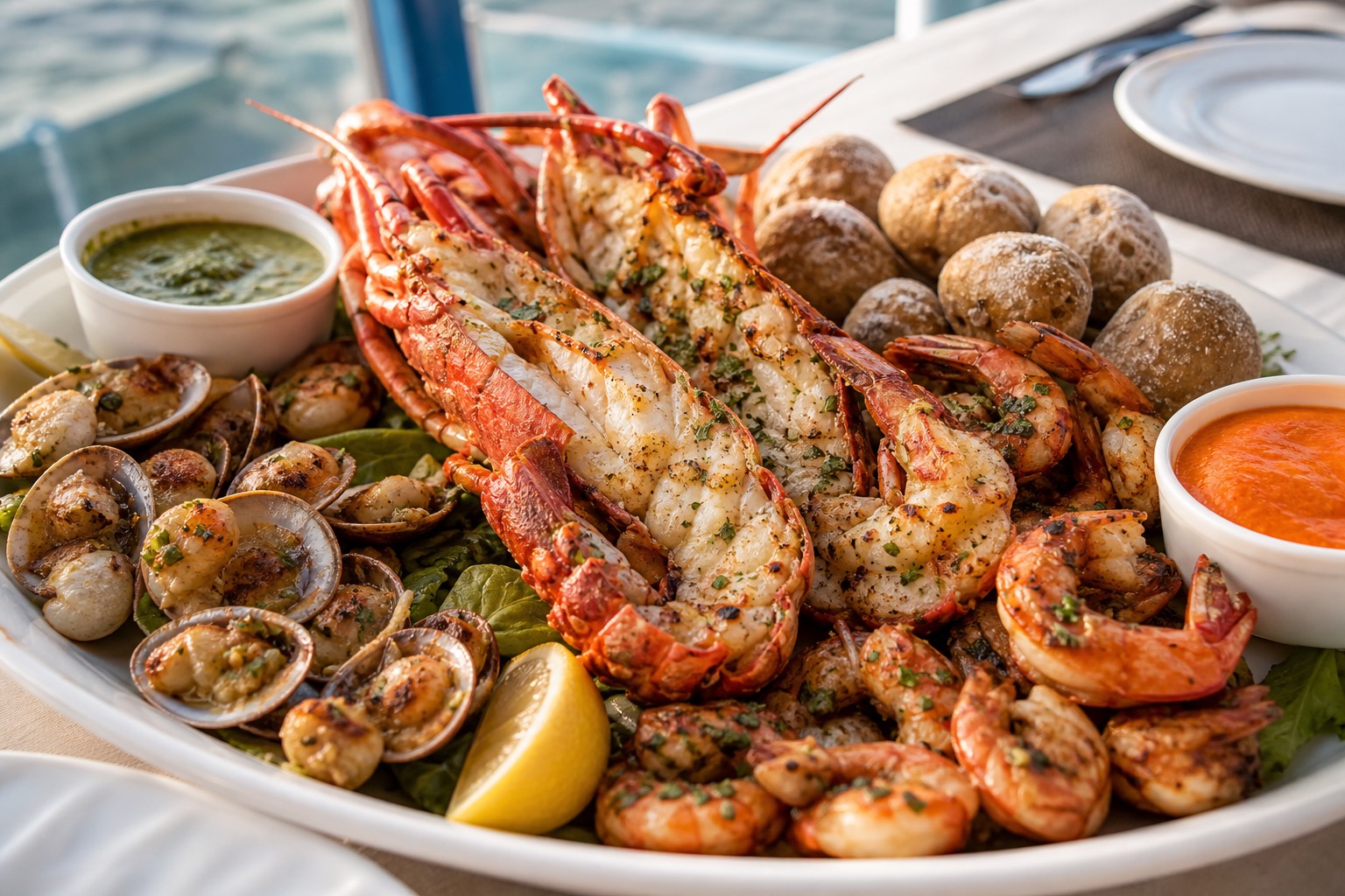 Grilled lobster, garlic prawns, clams, papas arrugadas, mojo sauces, and lemon.