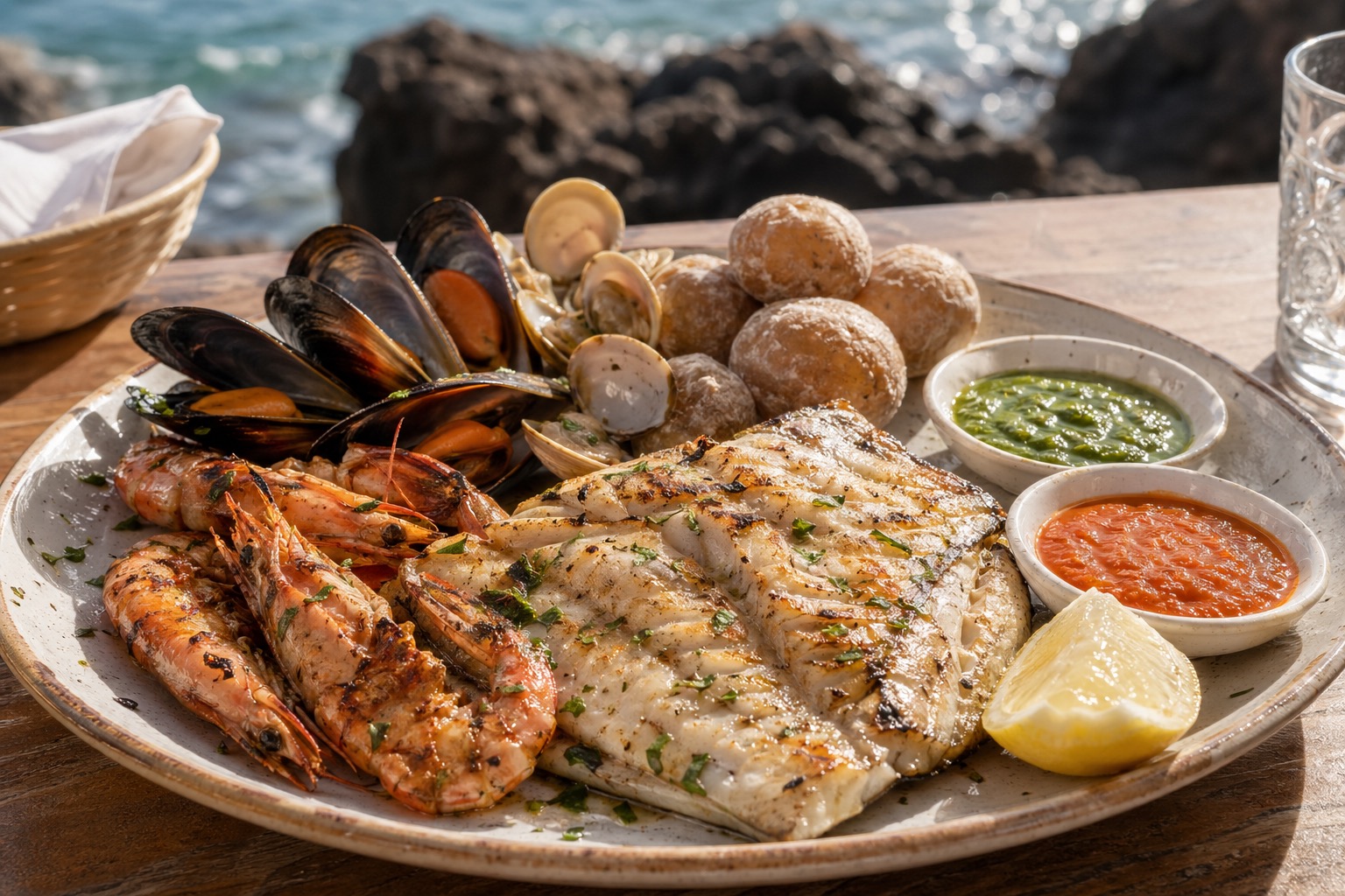 Seafood platter with grilled fish, prawns, mussels, papas arrugadas, and mojo sauces.
