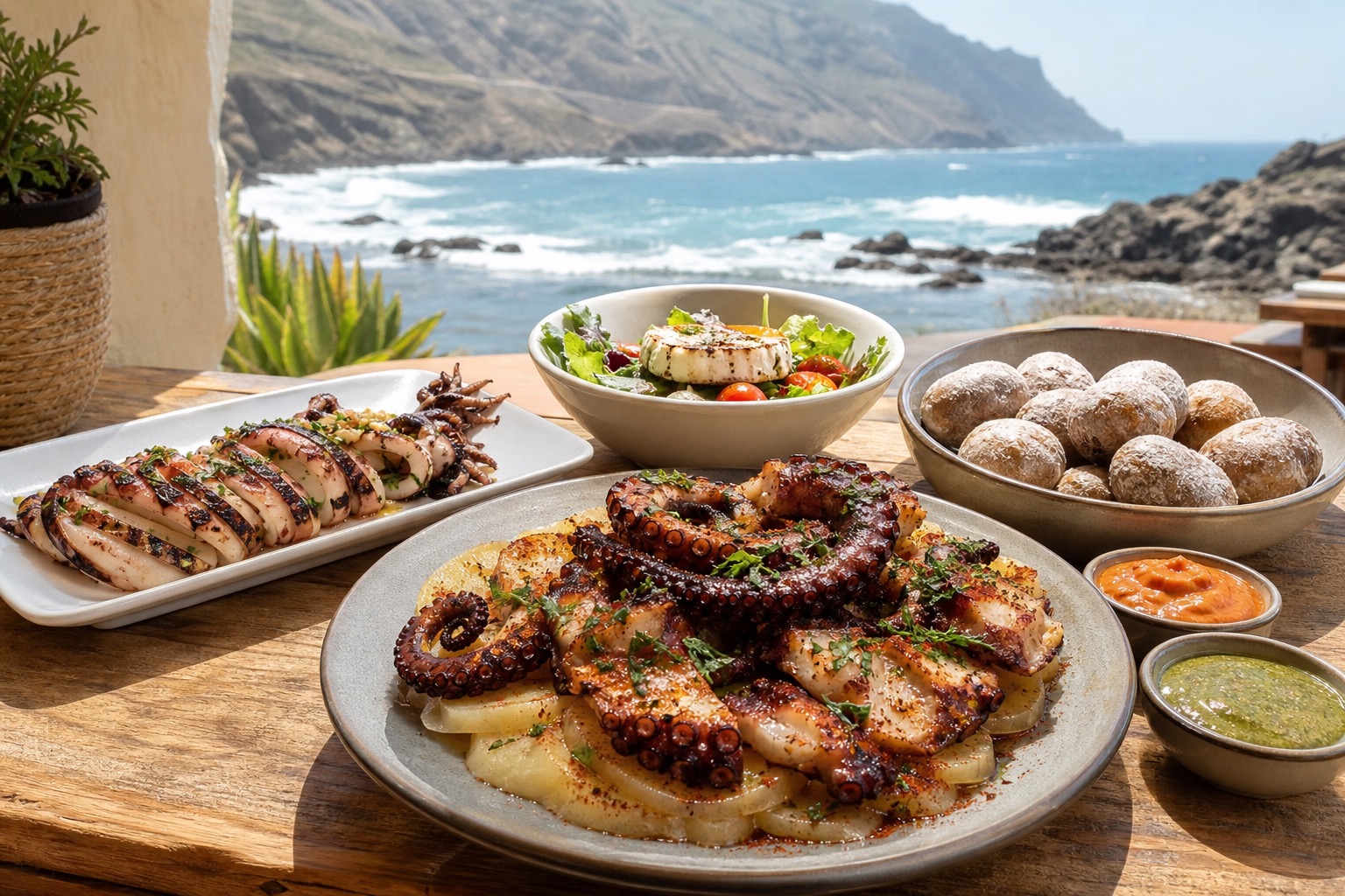 Coastal Canarian seafood spread with caramelized octopus, squid, papas arrugadas, mojo sauces, and salad.