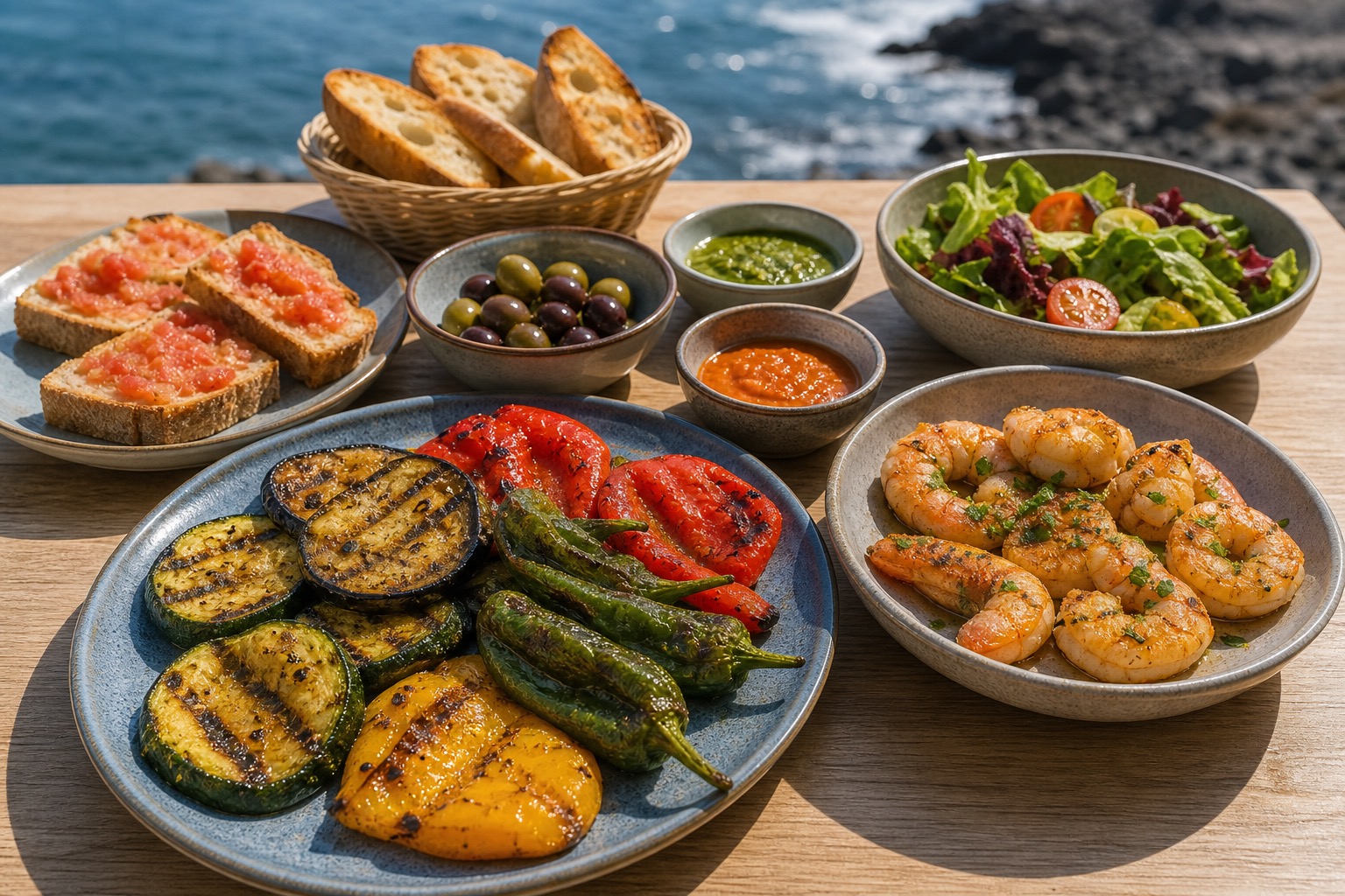 Mediterranean small plates with grilled vegetables, prawns, mojo, and toasted bread.