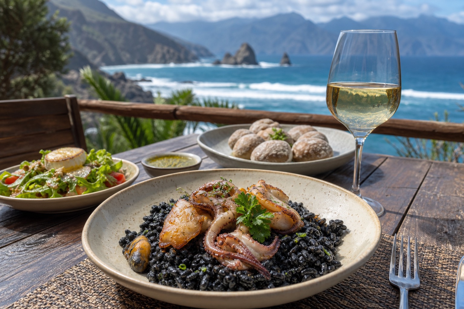 Black seafood rice with grilled octopus, Canarian potatoes, goat cheese salad, and a glass of white wine on an Anaga terrace.