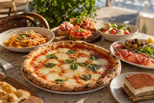 Pizza, fresh pasta, antipasti, and tiramisu on a sunny outdoor table