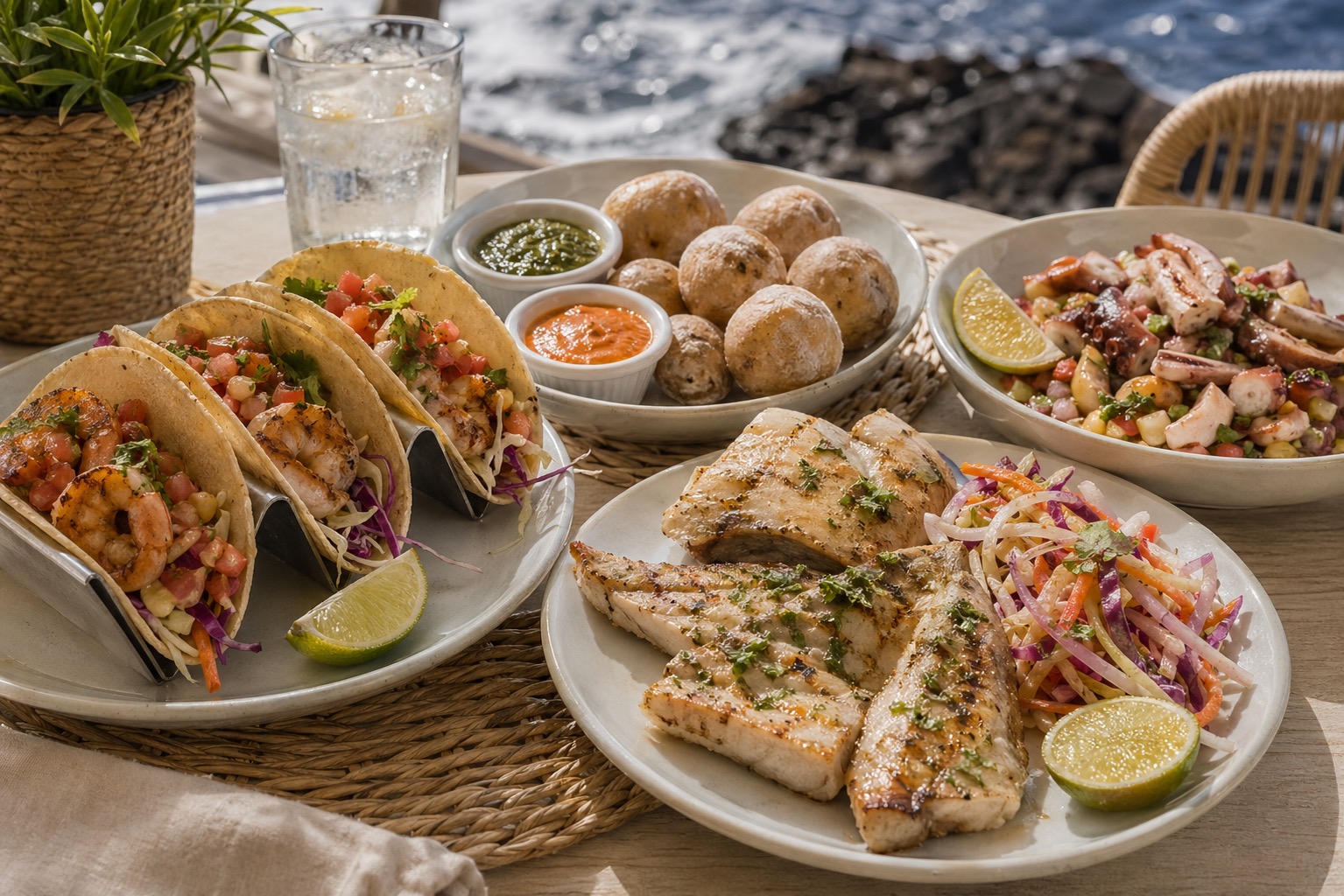 Casual beach-club plates with shrimp tacos, grilled dorada, slaw, lime, and papas arrugadas.