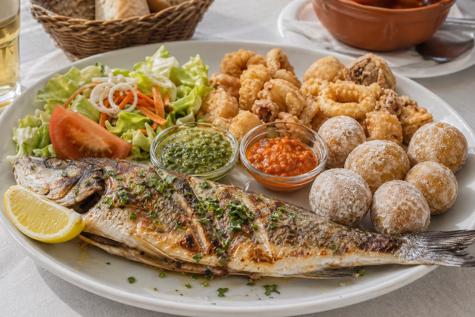 Fresh Canarian seafood plate with grilled fish, fried seafood bites, papas arrugadas, and mojo.