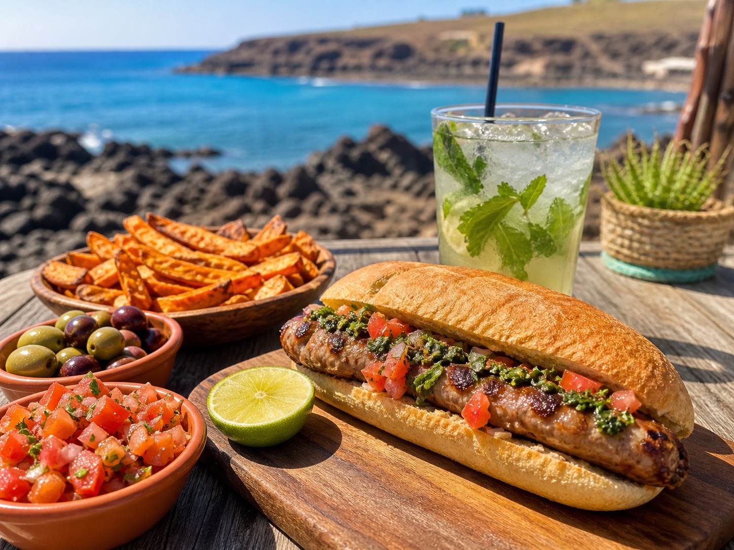 Beach-bar sandwich, fries, olives, salsa, and a mojito on a sunny volcanic-coast table.