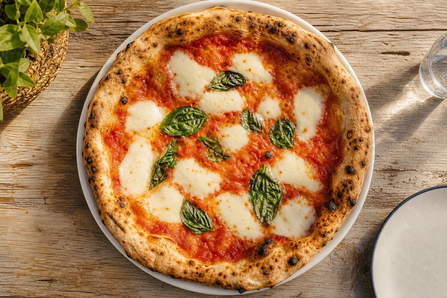 Margherita pizza viewed from above
