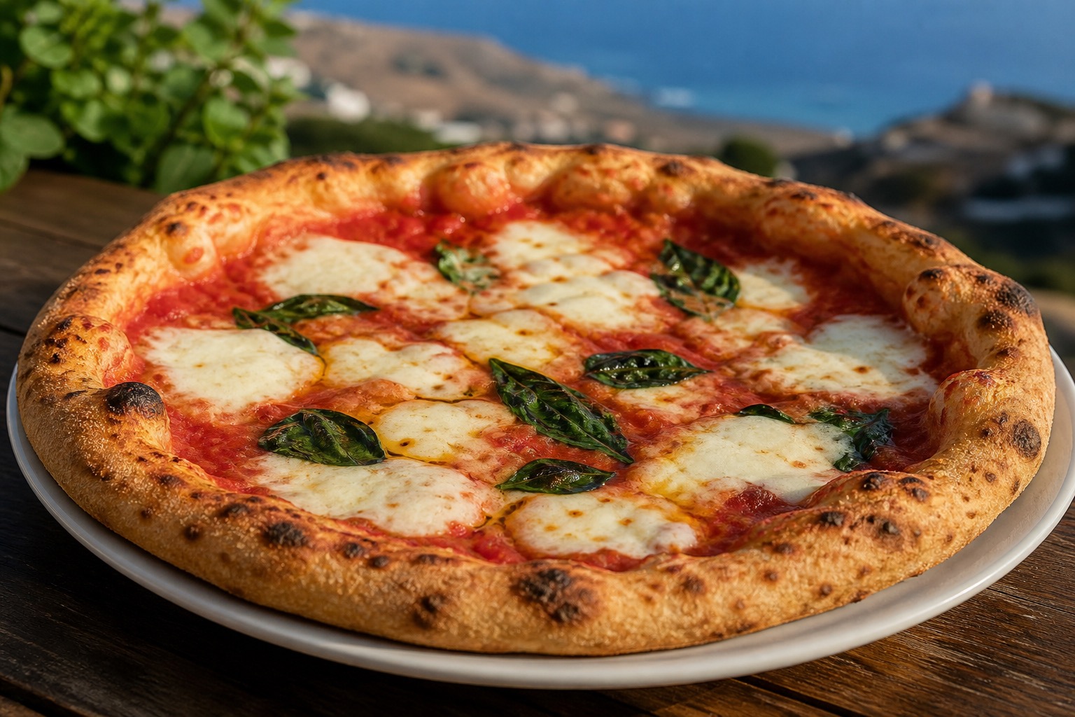 Close view of Margherita pizza crust and topping