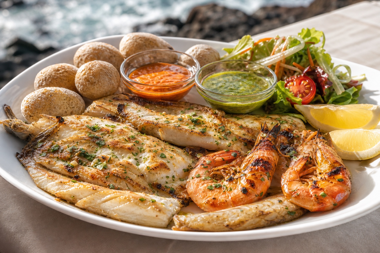 Grilled fish and prawns with papas arrugadas, salad, lemon, and mojo sauces.