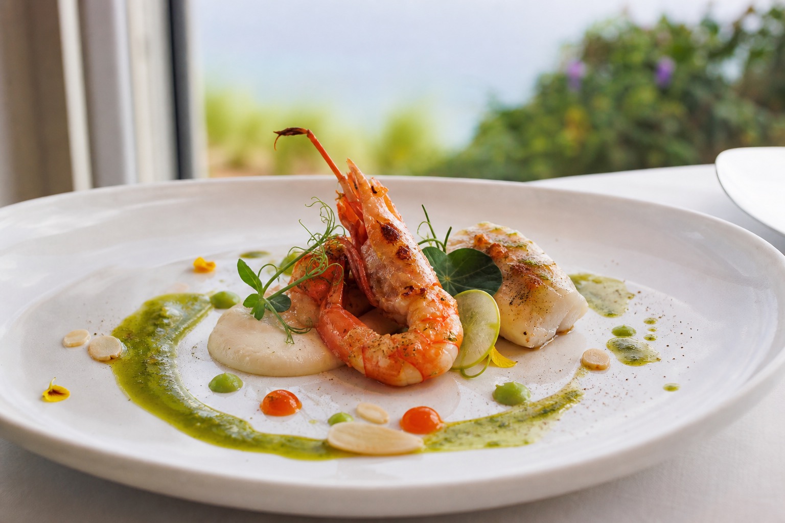 Fine-dining seafood with prawn, fish, almond cream, herbs, and green sauce on a white plate.