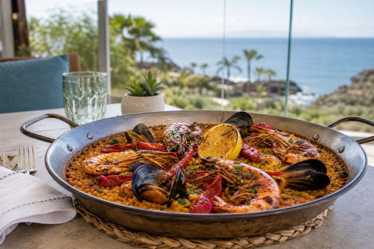 Spanish seafood rice with prawns, mussels, saffron, roasted peppers, and lemon on an ocean-view table.