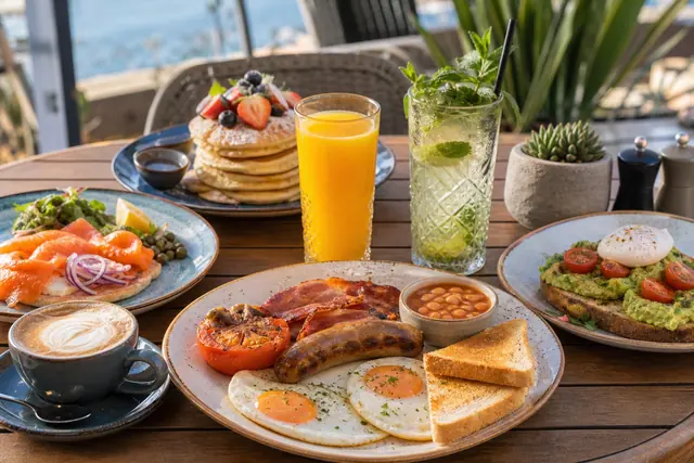 English breakfast, avocado toast, pancakes, smoked salmon, coffee, and a cocktail on a sunny cafe table
