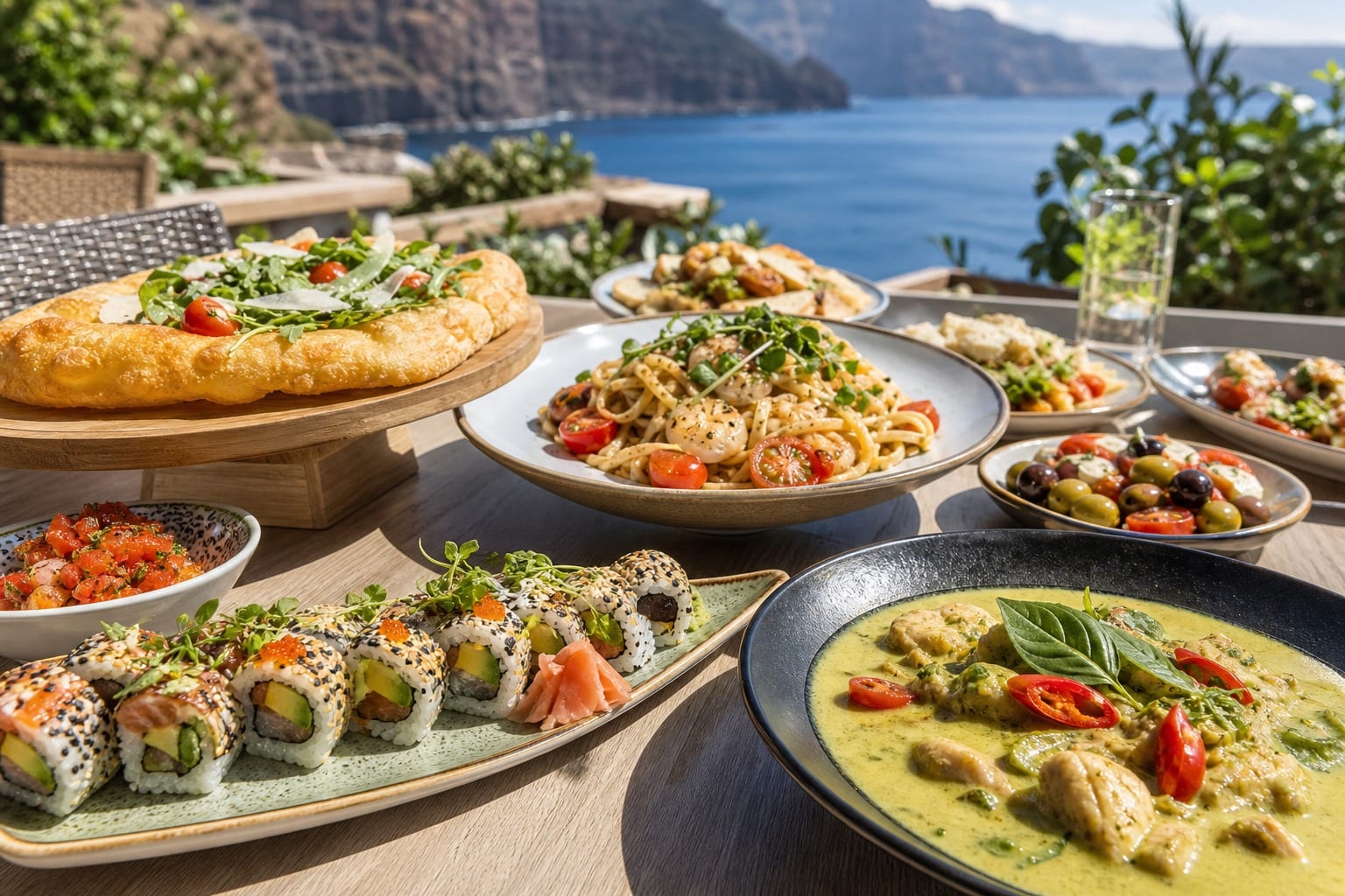 Sushi rolls, pizza frita, fresh pasta, green curry, and Mediterranean plates on a sunny table