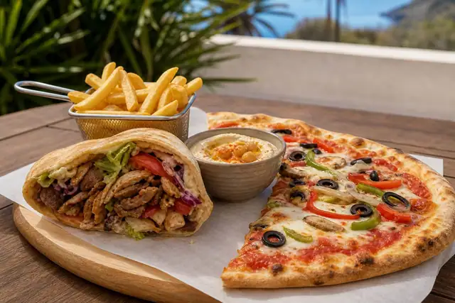 Representative kebab pita, pizza, hummus and fries on a sunlit Tenerife table