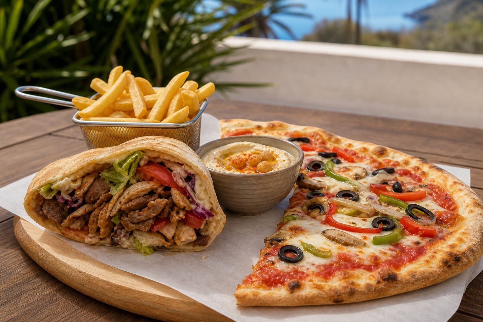 Representative kebab pita, pizza, hummus and fries on a sunlit Tenerife table