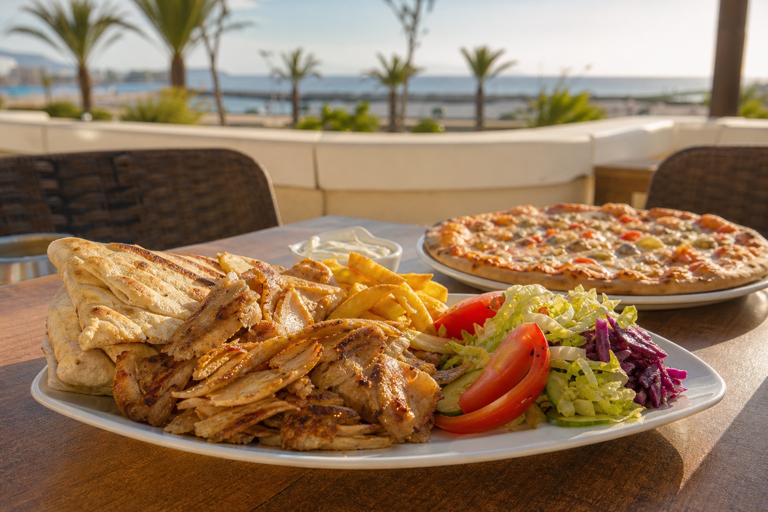Representative chicken kebab, Turkish flatbread, fries, salad and pizza on a Tenerife terrace