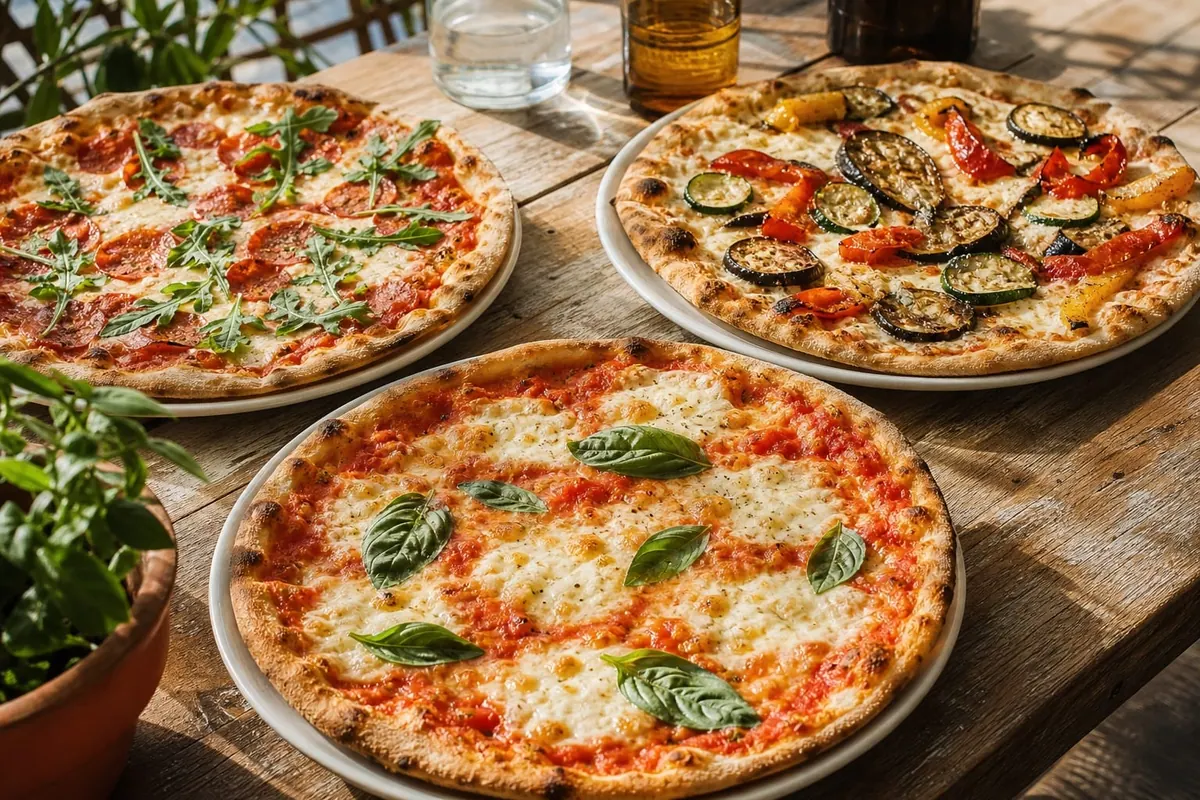 A sunlit spread of thin Roman-style pizzas with fresh Italian toppings