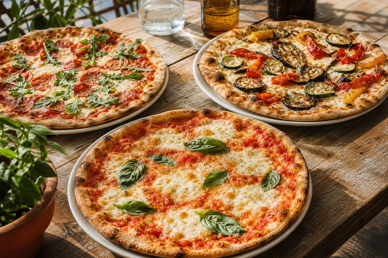 A sunlit spread of thin Roman-style pizzas with fresh Italian toppings