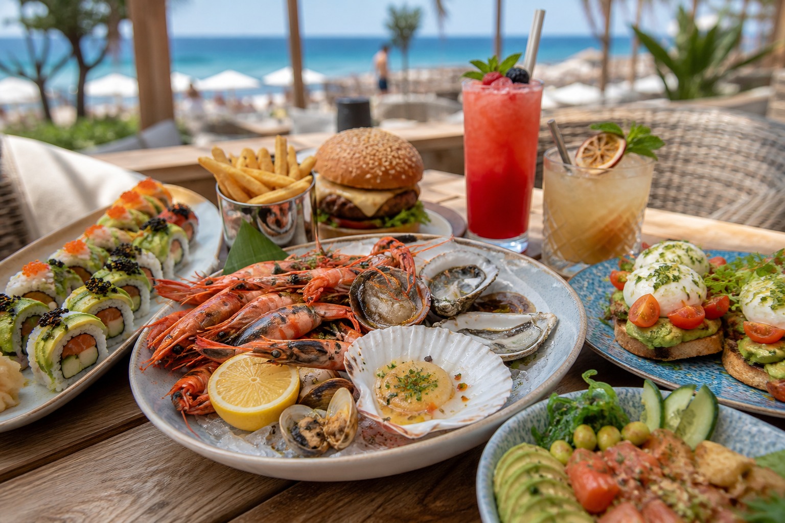 Fresh seafood, sushi rolls, a gourmet burger, brunch plate, and cocktails on a bright beach-club table