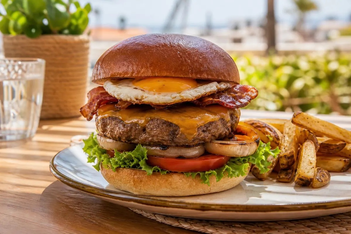 A sunlit brioche cheeseburger with bacon, fried egg and rustic fries