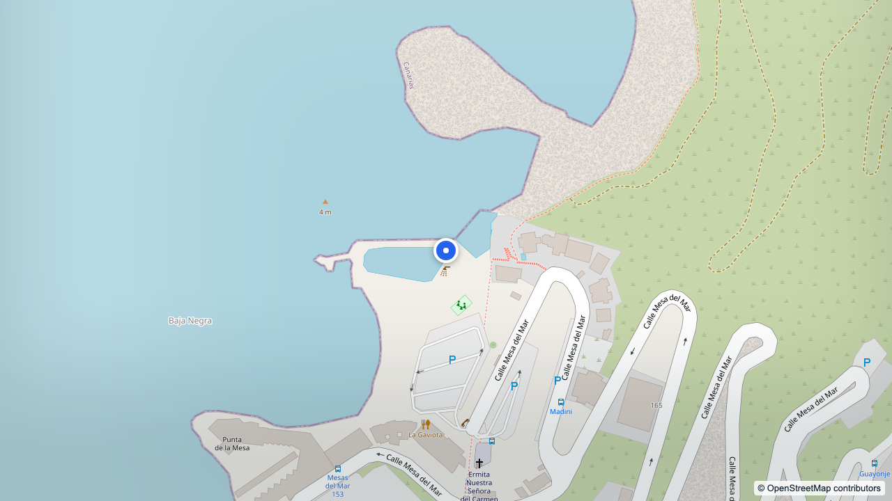 Map view centered on the Mesa del Mar natural pools and nearby coastal parking.