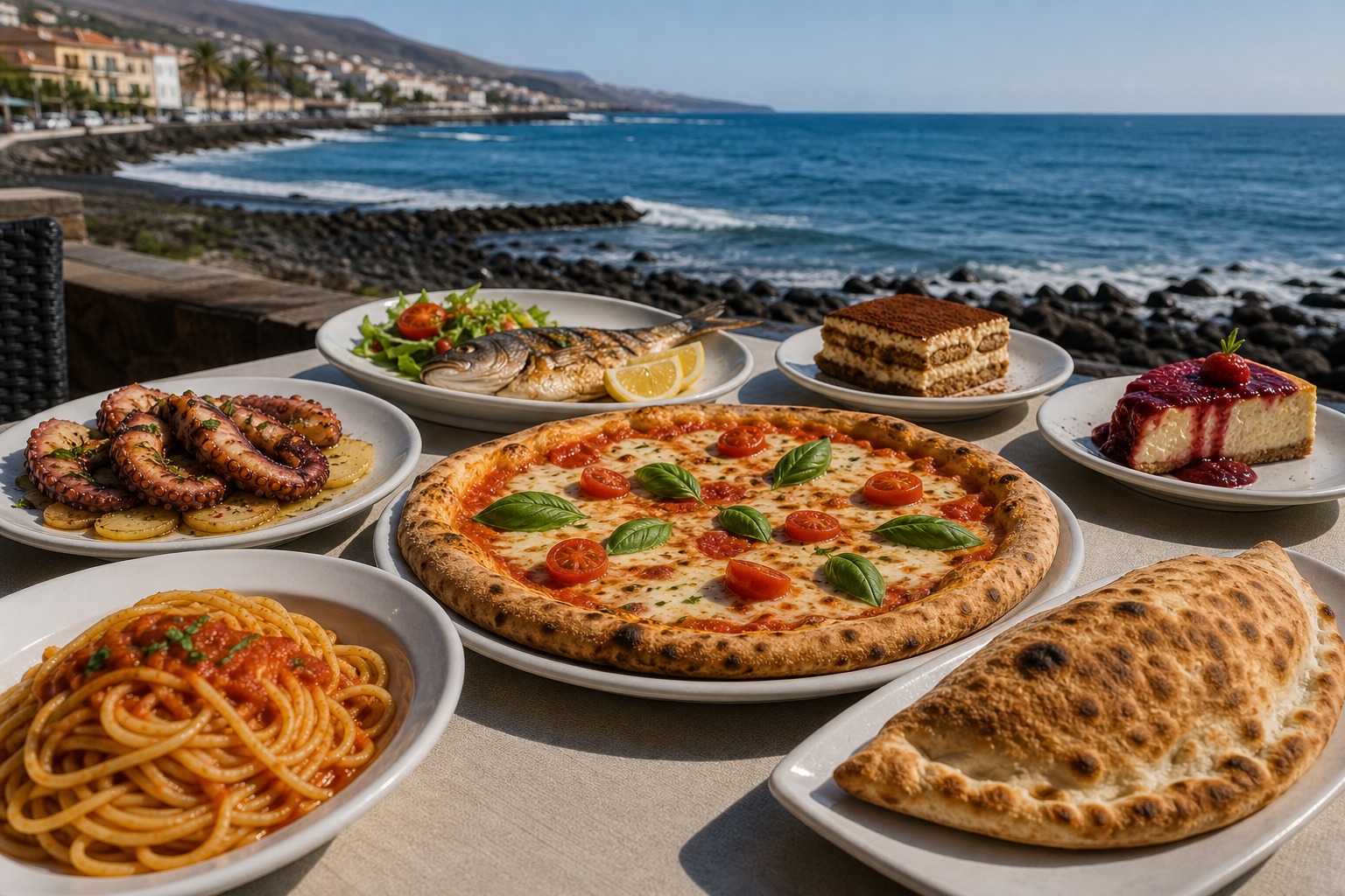 Spaghetti, pizza, calzone, octopus, fish, tiramisu, and cheesecake on a sunny coastal table