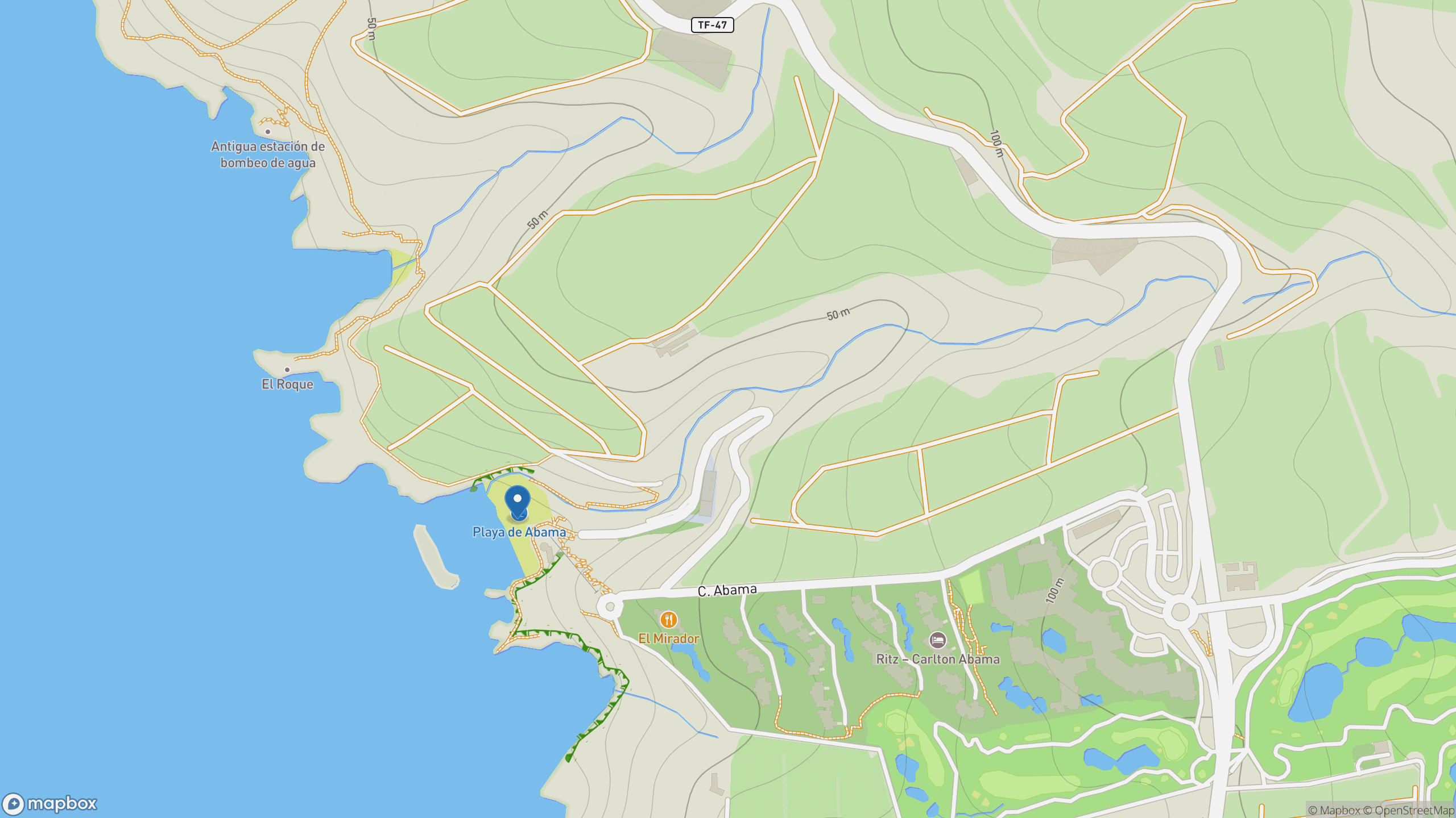 Map view of Playa de Abama and the stepped coastal access below the Abama resort area.