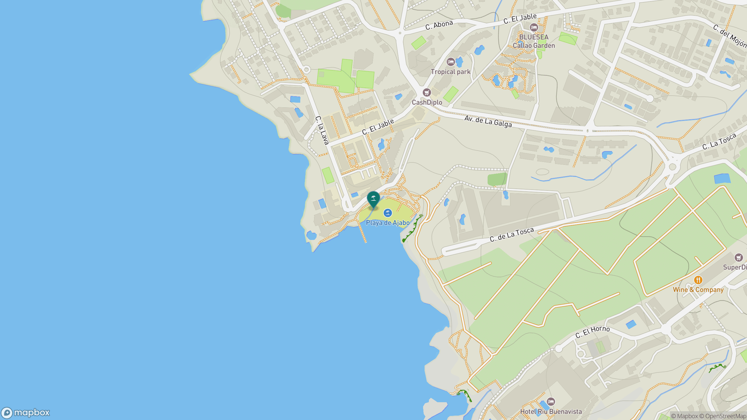Map view of Playa de Ajabo, C/ La Lava, and Callao Salvaje streets.