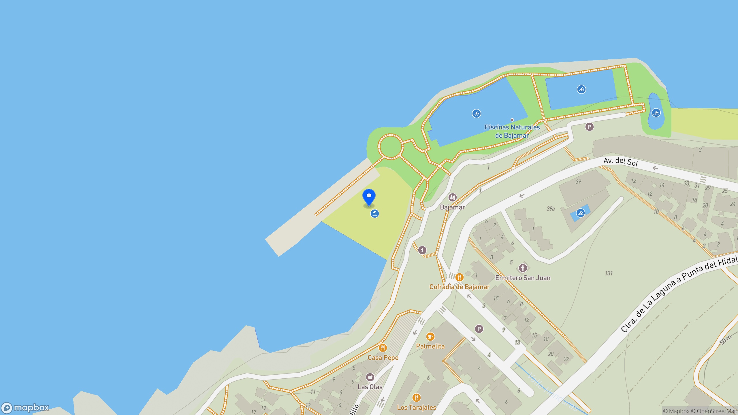 Map of the Bajamar natural pools, small protected beach, and Avenida del Sol seafront.