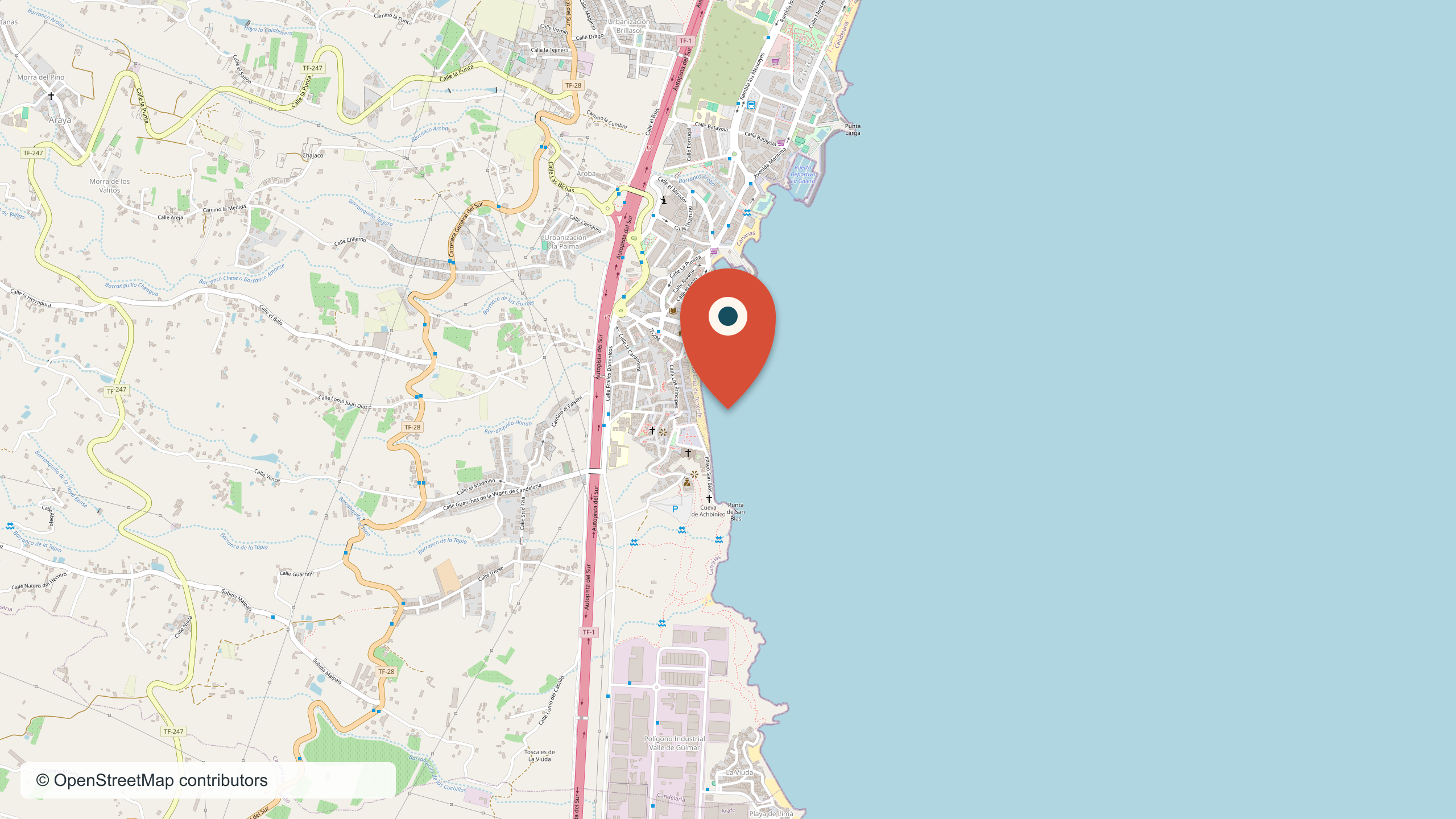 Map view centered on Playa de Candelaria and the Los Guanches waterfront.