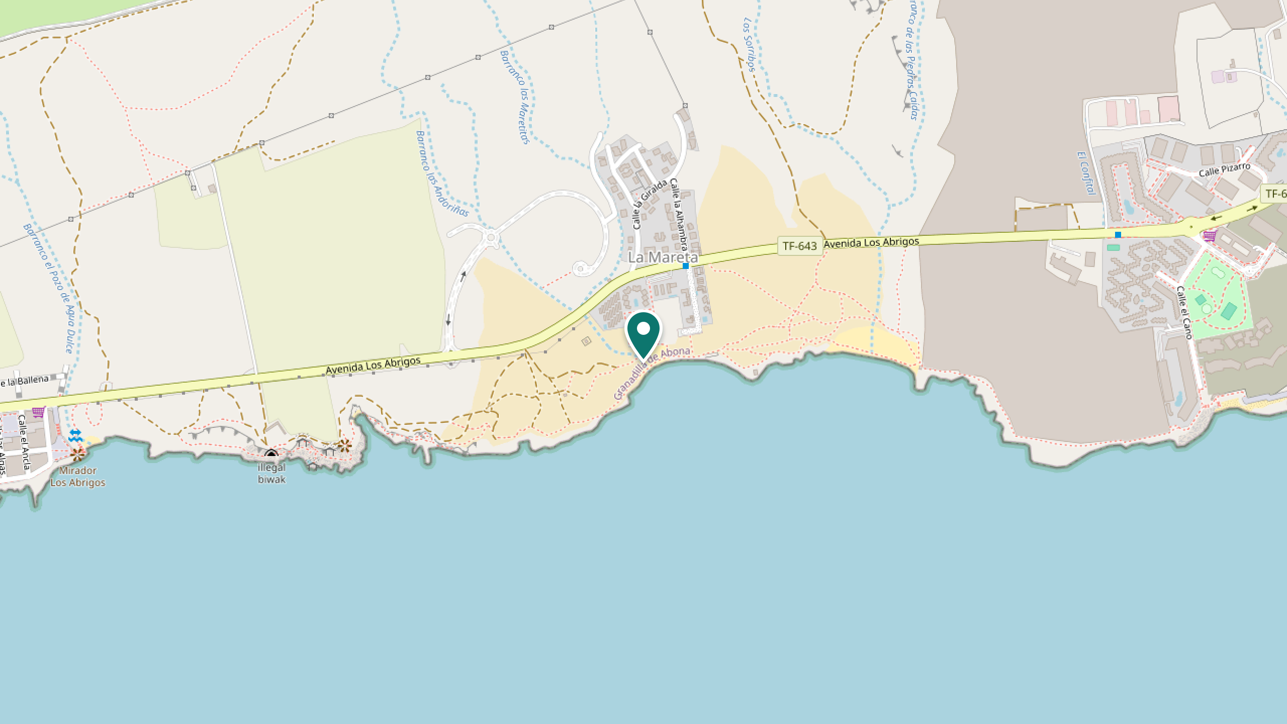 Map view centered on Playa de Cha Siveria and the La Mareta coastal access.