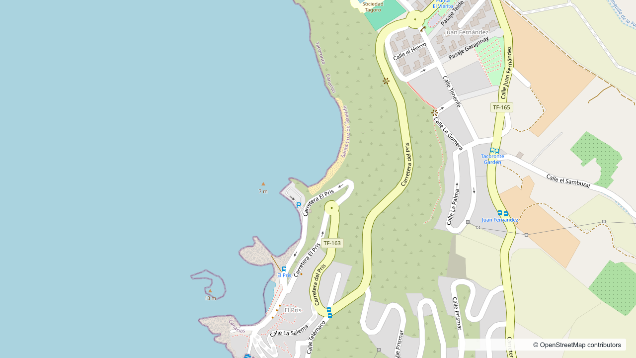 Map view centered on Playa de El Rincón and the El Pris coastal access in Tacoronte.