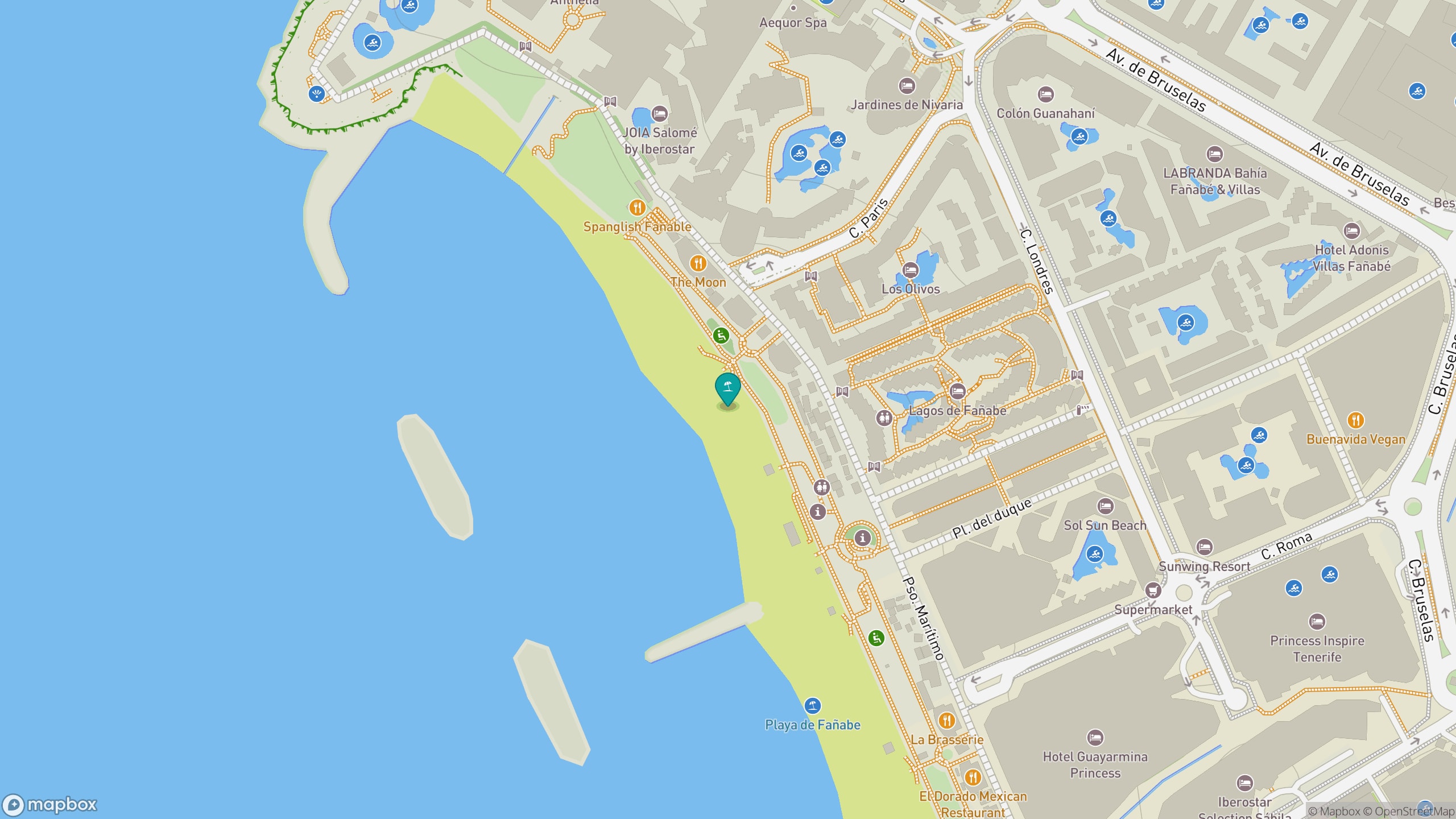 Map view of Playa de Fañabé and the Costa Adeje promenade.