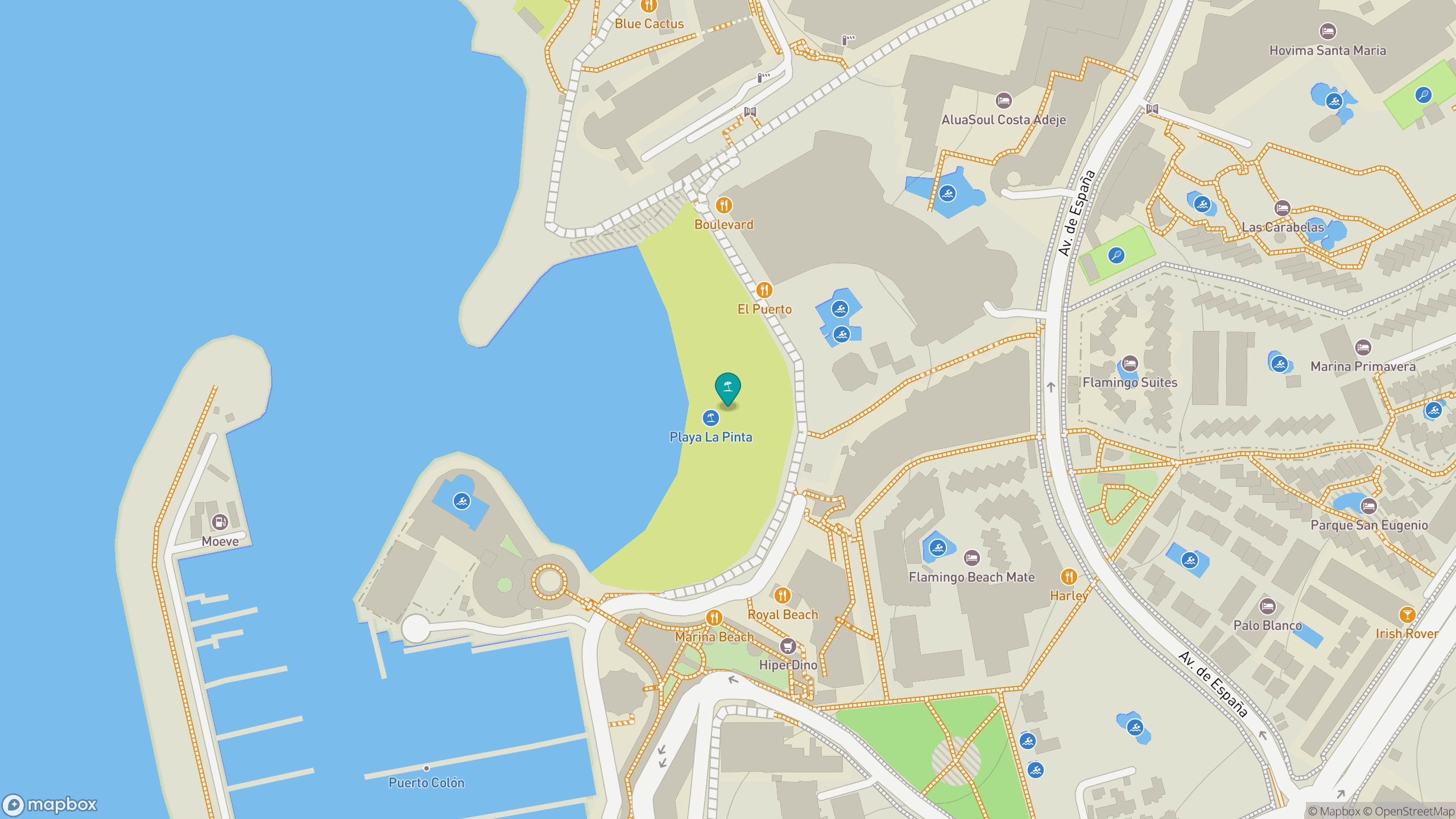 Map view of Playa de La Pinta beside Puerto Colon in Costa Adeje.