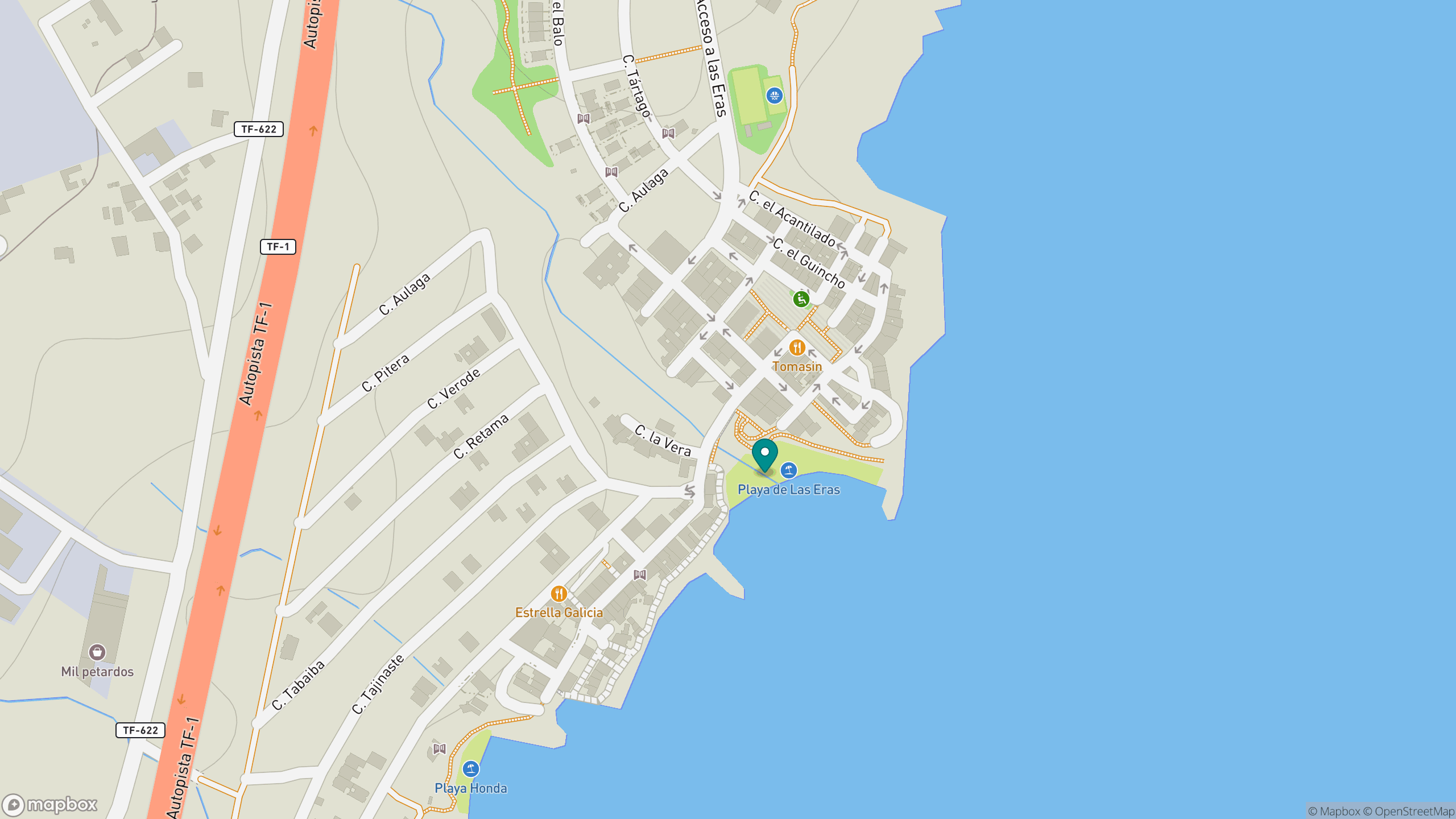 Map view of Playa de Las Eras and the Las Eras waterfront.