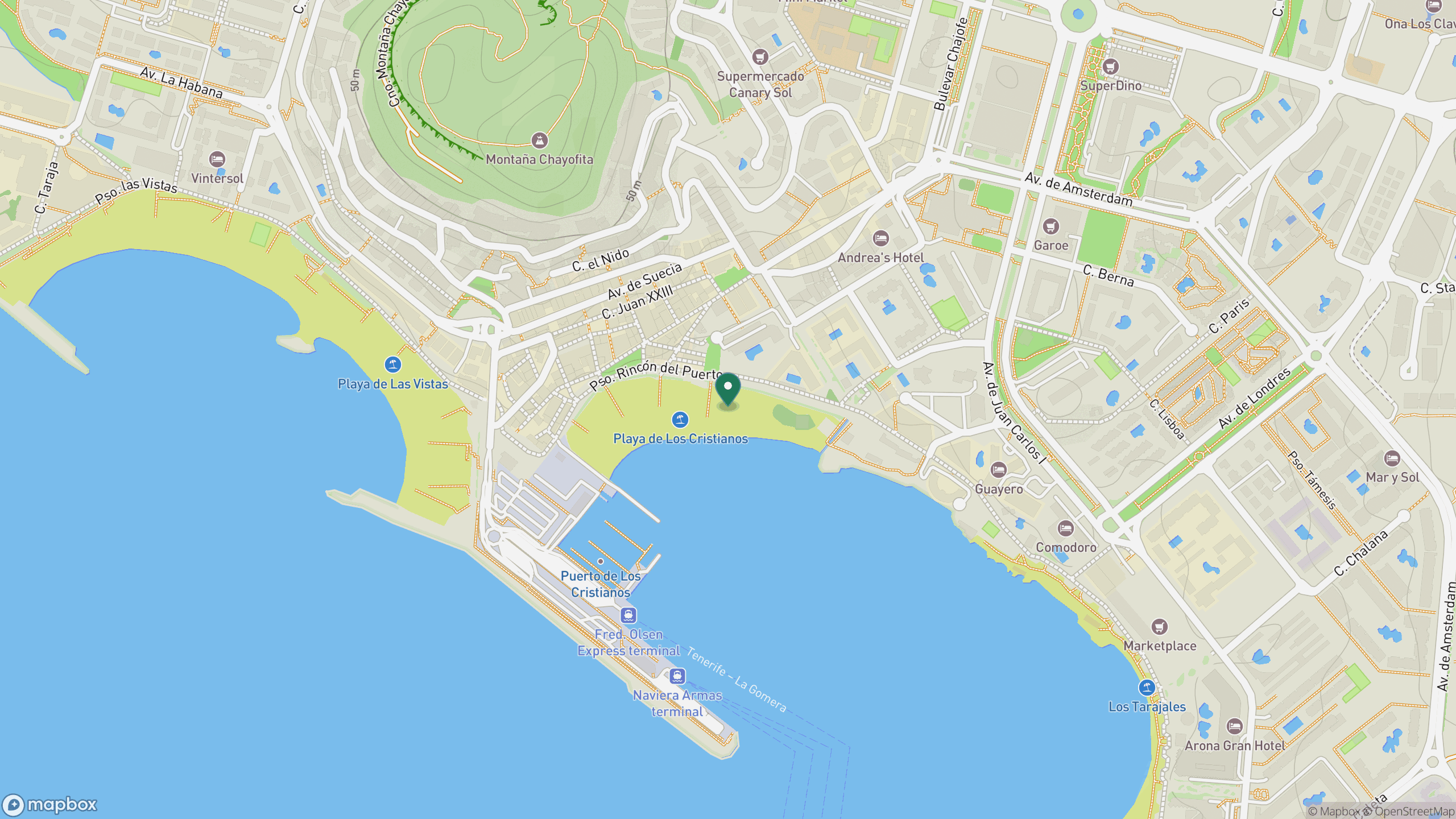 Map view of Playa de Los Cristianos beside the harbour and promenade.