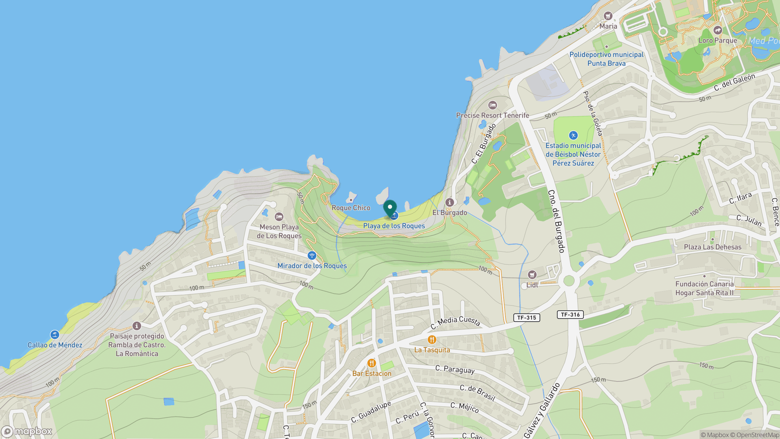 Map view centered on Playa de Los Roques and the El Burgado coast of Los Realejos.