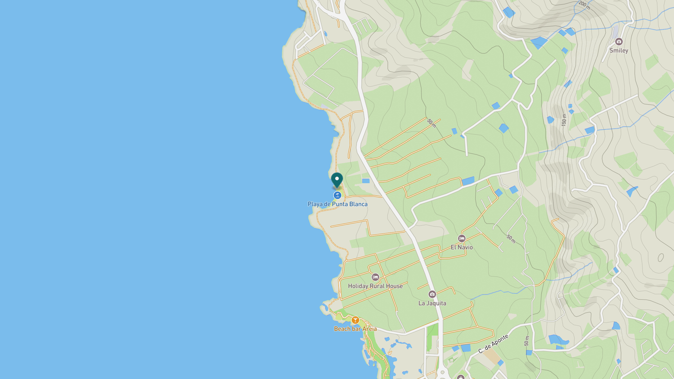 Map view of Playa de Punta Blanca on the Guía de Isora coast north of Alcala.