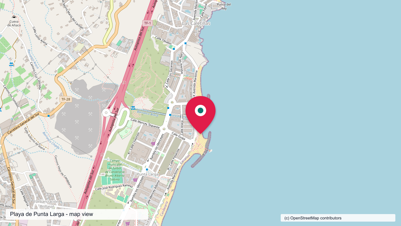 Map view of Playa de Punta Larga, Avenida Maritima, and the Candelaria seafront.