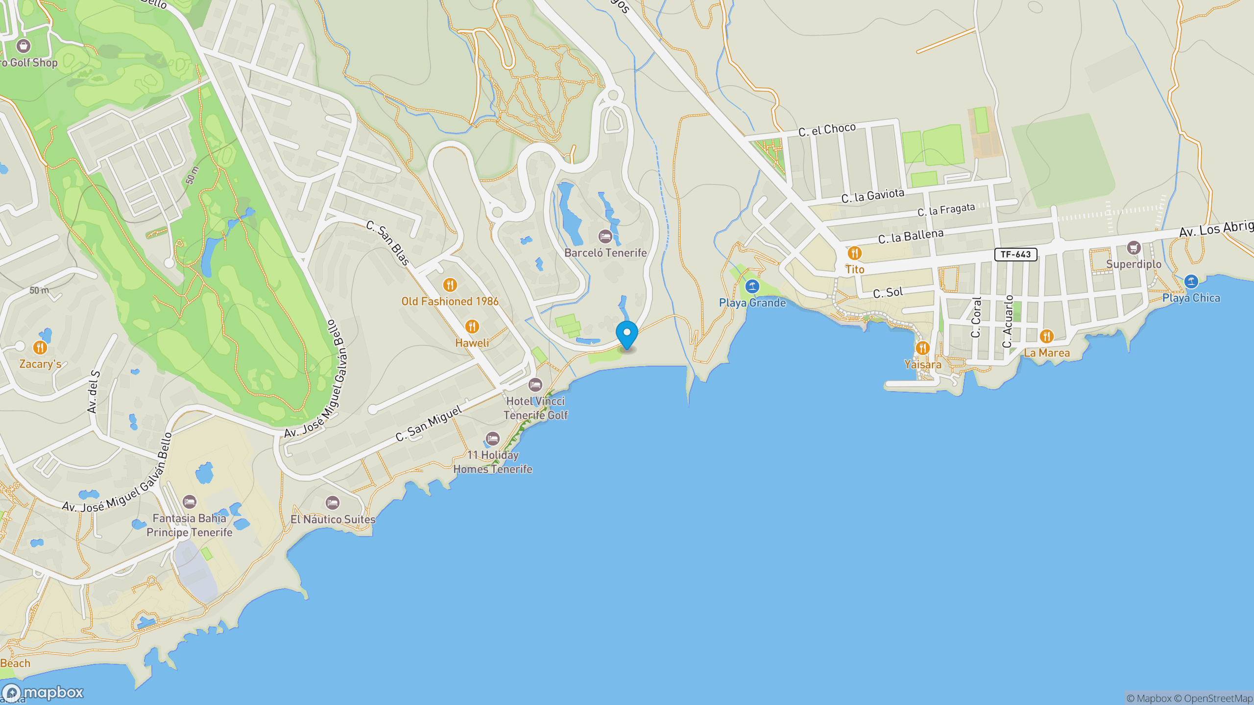 Map view of Playa de San Blas, the San Blas coastal access, and nearby Golf del Sur streets.