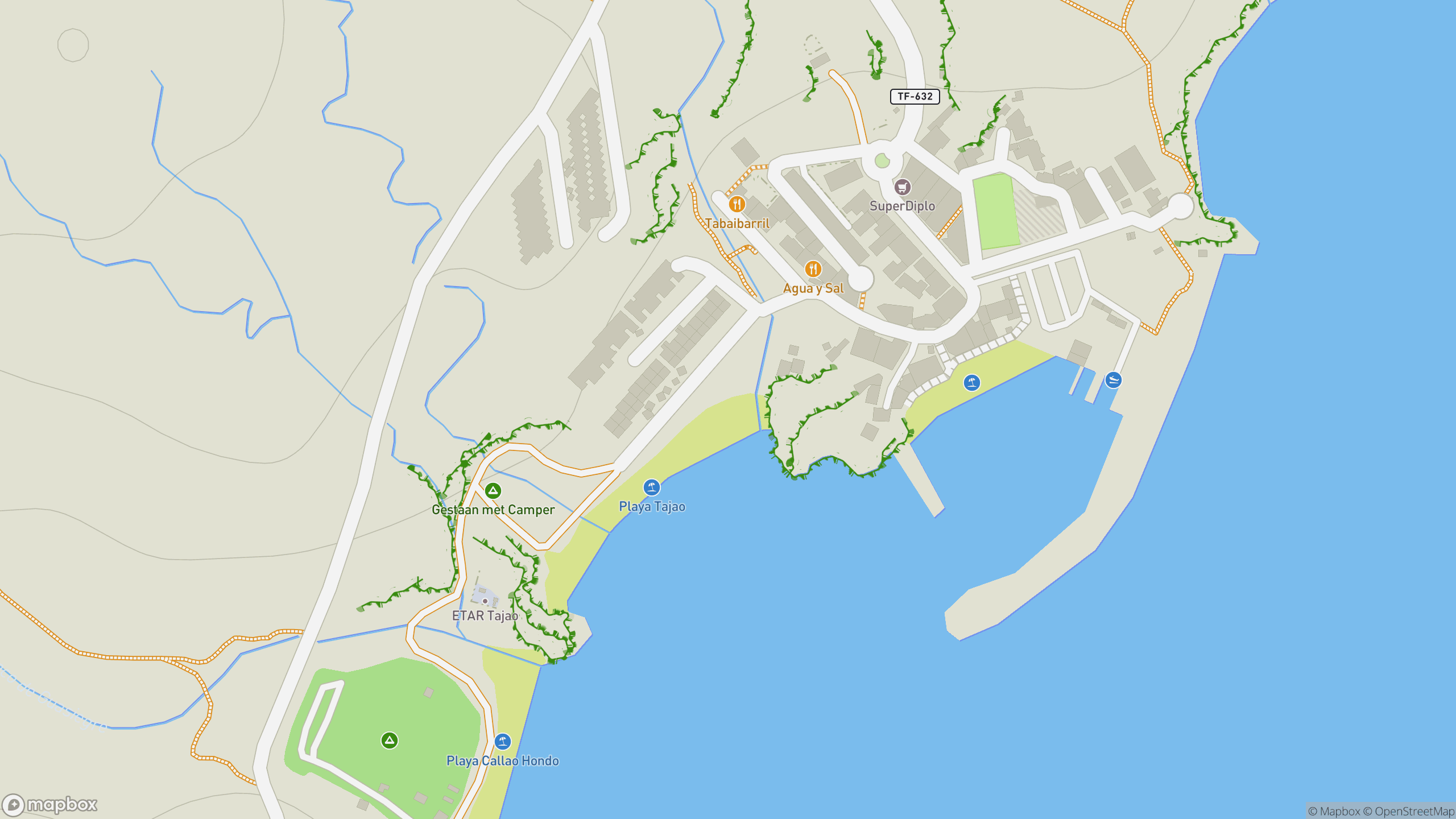 Map view of Playa de Tajao, the fishing port, and San Miguel de Tajao waterfront.