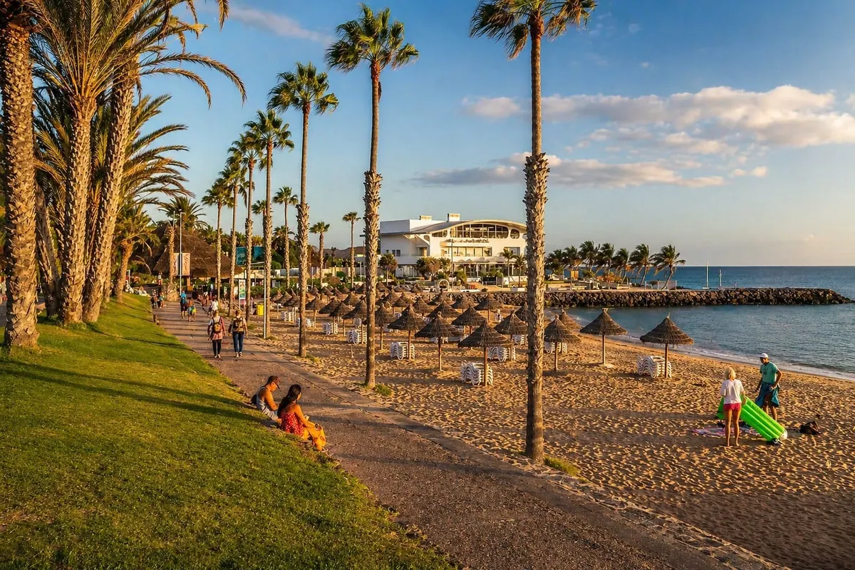 View of Playa del Camison with palms, sand, and sheltered water.