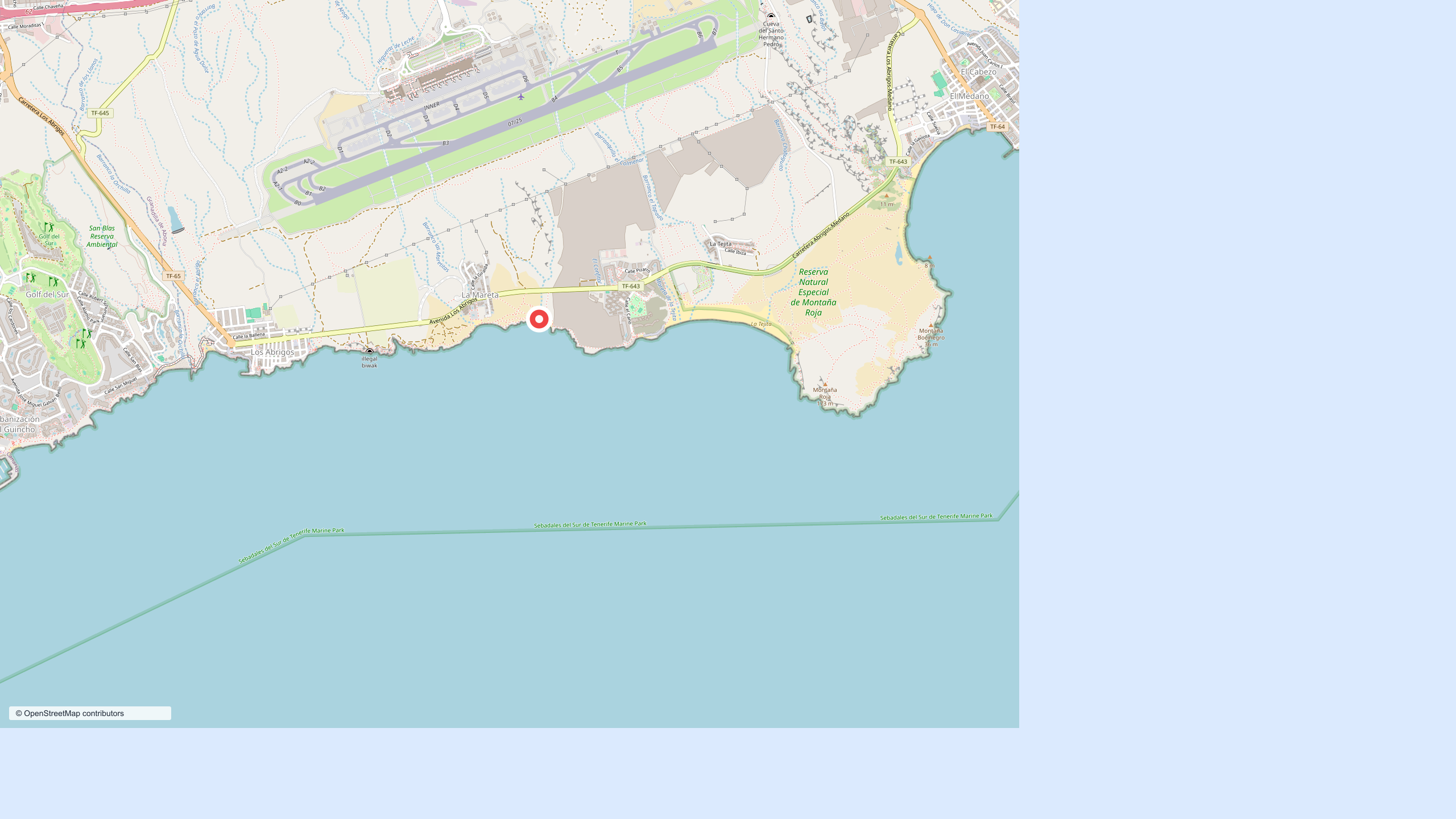 Map view of Playa del Confital between La Mareta, Montana Roja, Los Abrigos, and the El Medano coast.