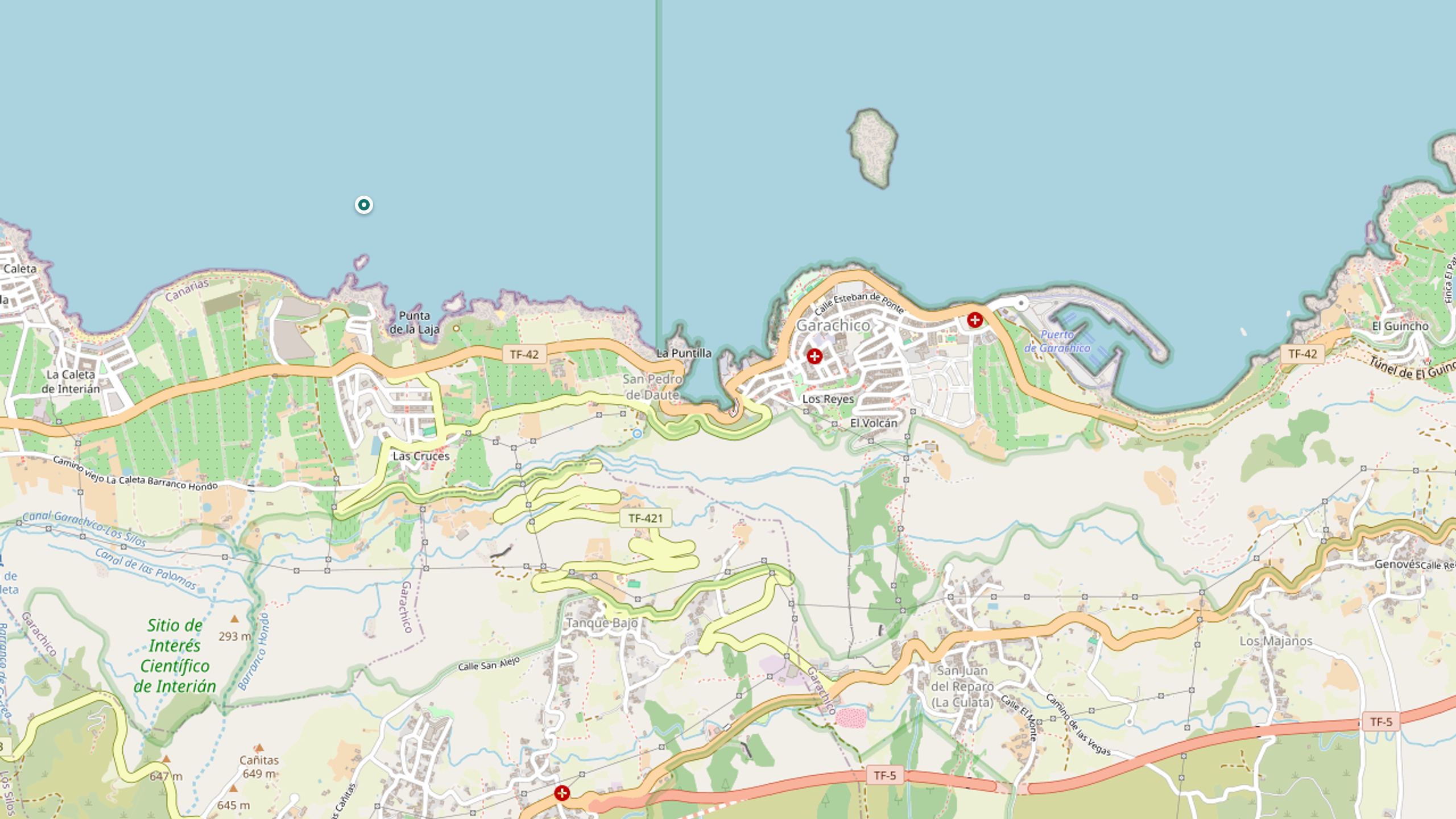 Map view centered on Playa del Muelle and the Garachico old-harbour coastline.
