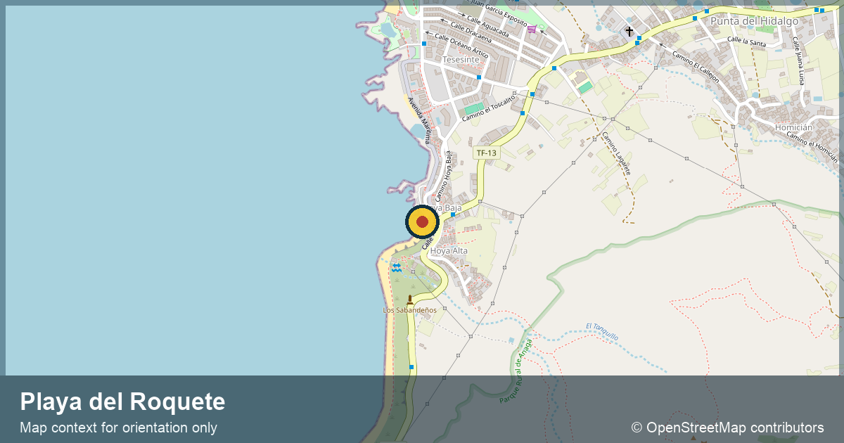 Map view centered on Playa del Roquete in Punta del Hidalgo, showing the coastal edge and village approach.